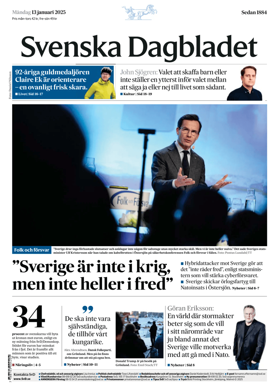 Prima-pagina-Svenska Dagbladet-edizione-di-oggi-20250113